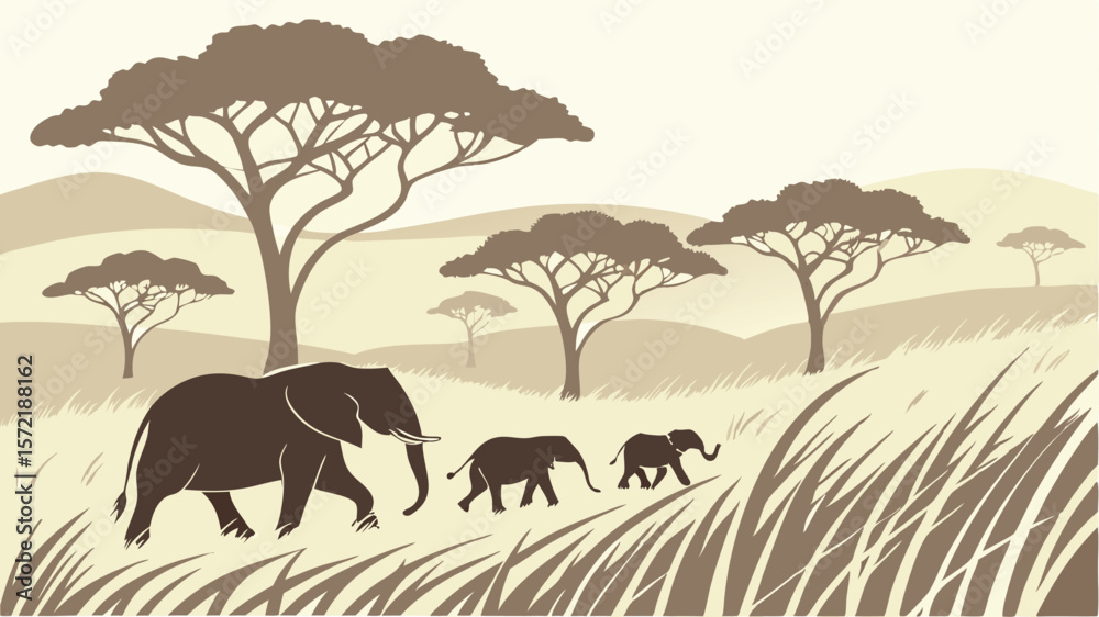 Obraz premium Golden sunset silhouettes wild elephants on an African safari landscape