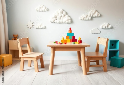 Wooden children's table with chair, toy cubes, pyramid, cloud wall decor, playroom,   wooden,  kids room