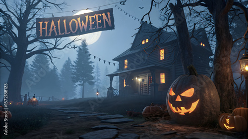 Mystical dark castle and forest halloween background
