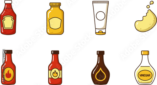 Assorted condiment sauces and dressings vector illustration for food service and culinary projects