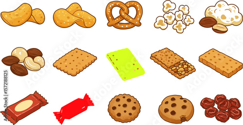 Illustration of assorted snacks chips pretzel popcorn nuts crackers cookies and candies for food concept
