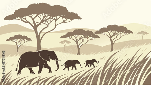 Golden sunset silhouettes wild elephants on an African safari landscape
