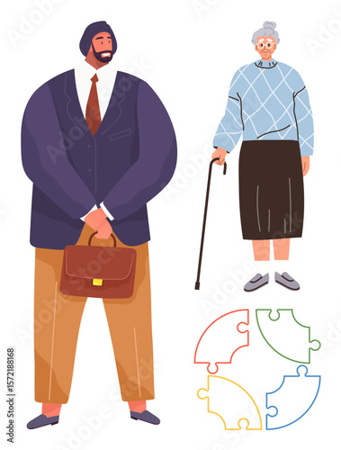 Businessman holding briefcase beside elderly woman with cane, accompanied by multicolored puzzle pieces. Ideal for teamwork, diversity, problem-solving, connection, intergenerational unity
