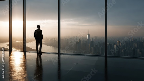 Silhouette of a man in a suit looking out a large window at a hazy city skyline and river at sunrise
