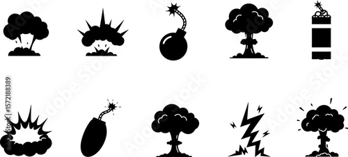 Explosion bomb vector set black silhouette design elements for games comics and cartoons vector graphic