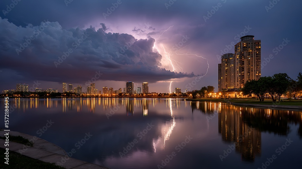 Fototapeta premium Dramatic lightning strikes illuminate a city skyline reflected in a calm lake during a stormy evening
