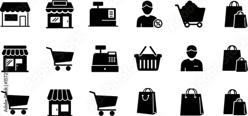 Shopping icons set vector illustration of store customer cart bag cashier and discount for e commerce
