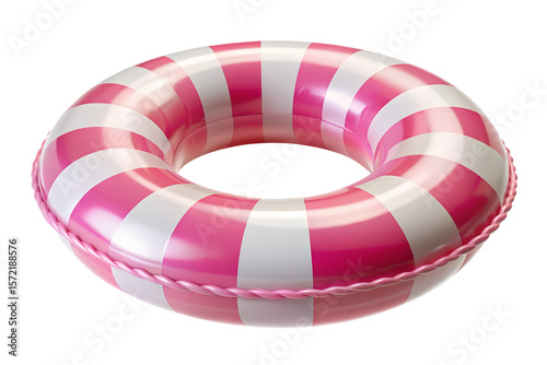 A pink and white striped inflatable ring float is ready for summer fun at the pool or beach isolated on transparent background