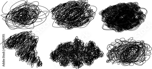 手描き風のぐちゃぐちゃな黒いスケッチ線セット。乱雑で抽象的な線が集合したグラフィック素材。｜線, もやもや, 乱雑, スケッチ, 黒線, 手描き風, 
