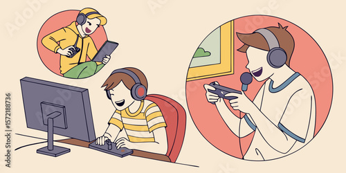 Three friends playing video games together online and communicating isolated on white background