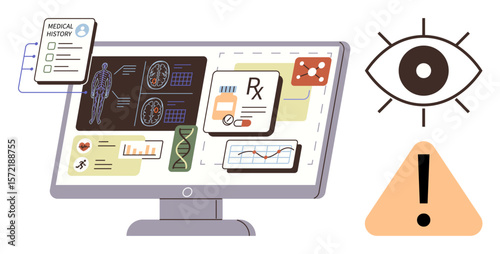 Computer screen featuring medical history, prescriptions, DNA, scans, and charts with alert symbols. Ideal for healthcare, diagnostics, AI, research innovation data security simple flat metaphor