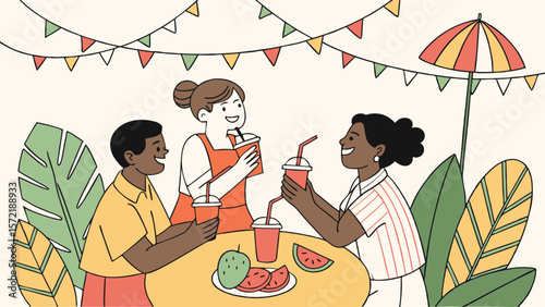 A cartoon illustration of a family, including a geisha with a fan, celebrating Chinese New Year with children eating food at a table