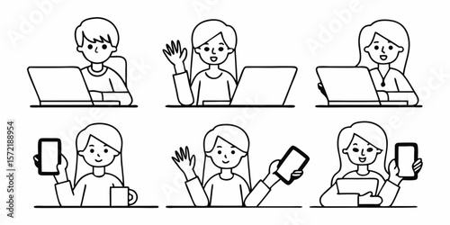 Set of six cartoon people using laptops and smartphones isolated on white background