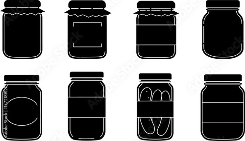Collection of jar vector illustration, food storage container outline, canning preservation design set