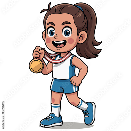 Illustration of girl athlete with medal winning competition sports achievement and success award icon vector