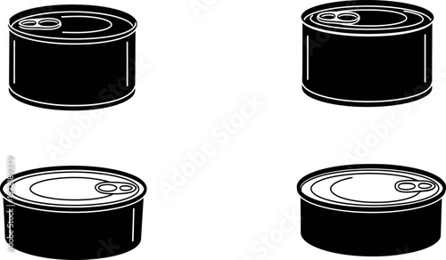 Black and white food cans illustration, metal can vector image, canned goods graphic design element set