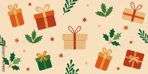 Festive seamless pattern with colorful Christmas gift boxes, ribbons, and bows, perfect for holiday celebration decorations