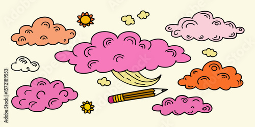 Whimsical Doodle Illustration of Colorful Clouds Sun and Pencil on a Cream Background for Creative Projects