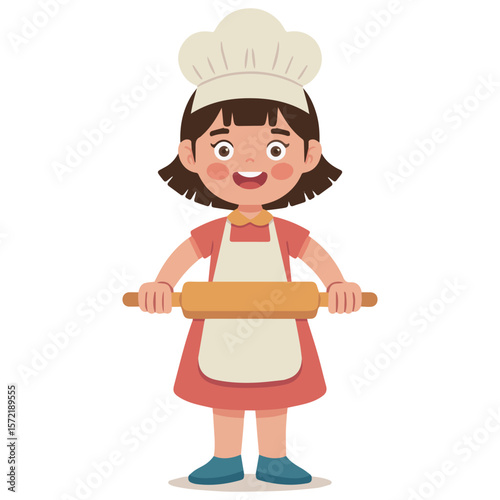 Cartoon baker girl with rolling pin vector illustration for baking cooking and kitchen design concept