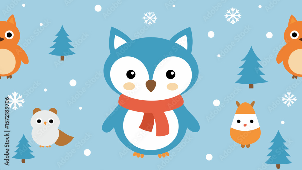 Fototapeta premium A festive cartoon vector illustration of funny animals celebrating Christmas and New Year's with Santa hats, gifts, a snowman, and a decorated tree in the snow