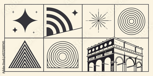 Abstract Geometric Shapes and Parisian Architecture in a Modern Minimalist Composition Black and White Design