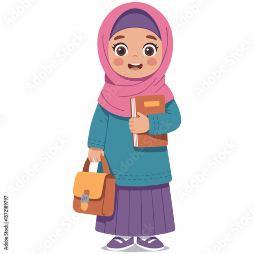 Illustration of muslim school girl with hijab holding book and bag vector design for education content and islamic art 1