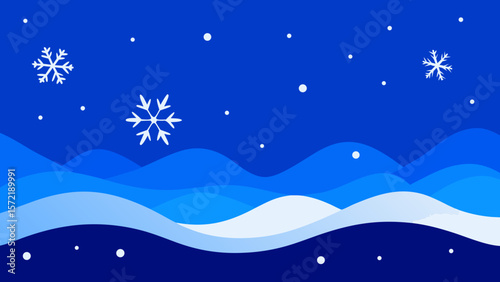 Blue winter landscape with snowflakes, Christmas trees, and a starry night sky