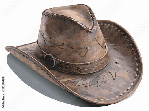 A classic cowboy country hat with a curved brim and pinched crown, featuring leather textures and stitching details