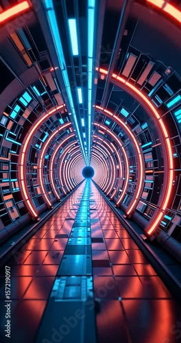 Futuristic Digital Tunnel with Glowing Neon Rings - Sci-Fi Cyber Journey