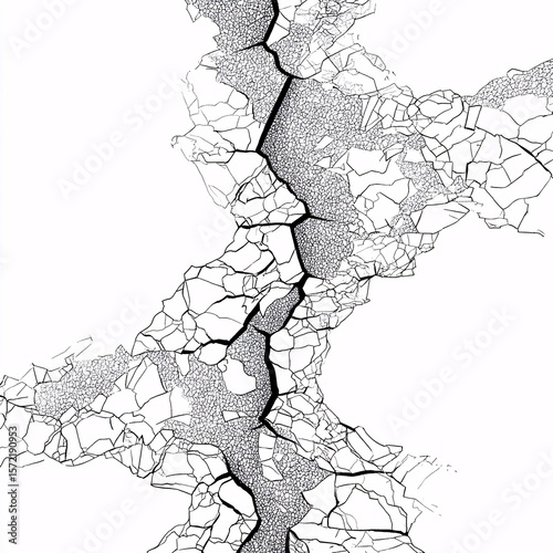 Cracked surface depicted in line art, showing wear and tear across various materials.