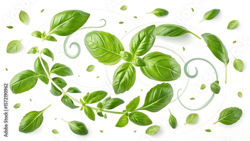 A scattered arrangement of basil leaves and decorative swirls on white