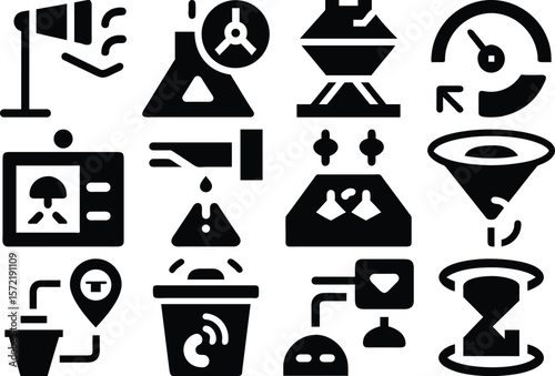 Vector art of a collection of black glyph icons representing various technological and scientific concepts, including control systems, sensors, and data analysis isolated on transparent background.