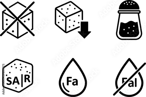 Food allergen information vector icons set sugar free low fat no salt added food intolerance symbols
