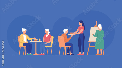 Assisted living community senior activities dining painting and care for elderly residents illustration