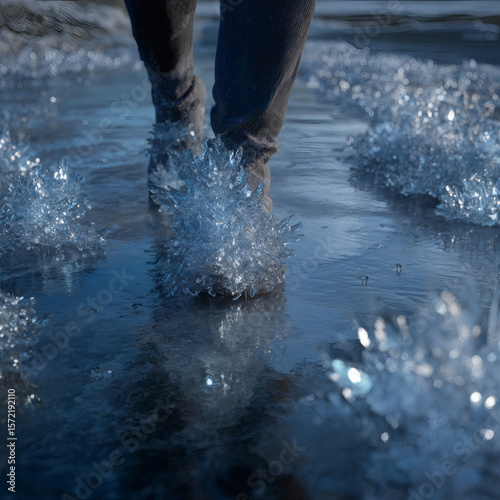 dramatic photoreal concept of instant freezing under human feet walking on water, with detailed frozen textures