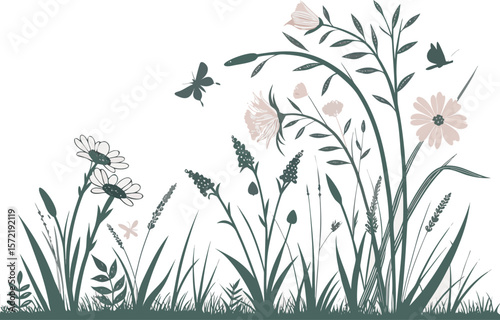 Grass and flower border. Simple meadow border or background design. Transparent PNG and vector illustration.spring, border, floral, flower, grass, green, graphic, meadow, transparent, daisy, simple, 