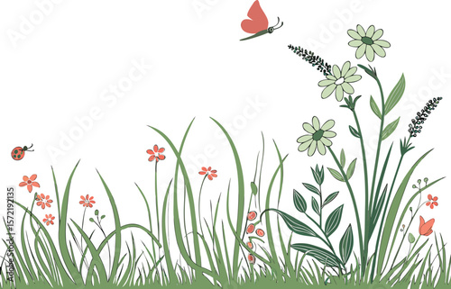 Grass and flower border. Simple meadow border or background design. Transparent PNG and vector illustration.spring, border, floral, flower, grass, green, graphic, meadow, transparent, daisy, simple, 
