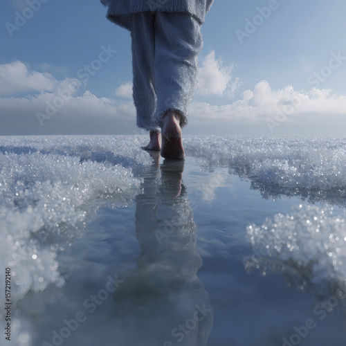 magical realism in ultra-sharp style showing a person freezing water beneath their feet as they walk effortlessly