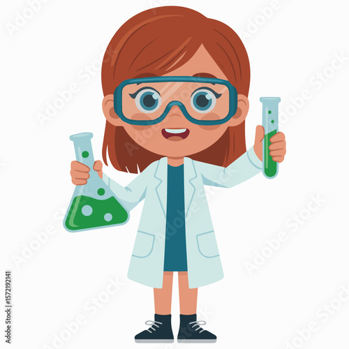 Illustration of young girl scientist with lab coat goggles and chemical flask for science education project