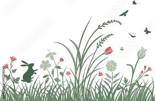Grass and flower border. Simple meadow border or background design. Transparent PNG and vector illustration.spring, border, floral, flower, grass, green, graphic, meadow, transparent, daisy, simple, 