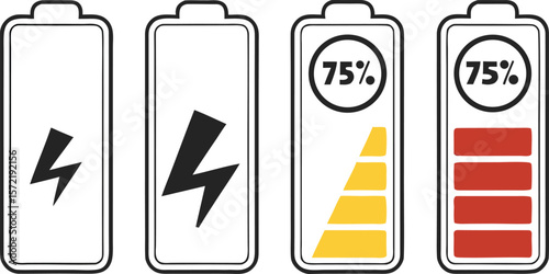 Battery level icon set. Charge status symbol with 0, 25, 50, 75 percent and charging sign. Power level indicator for app or UI. Transparent PNG and vector.voltage, battery, power, electricity, graphic