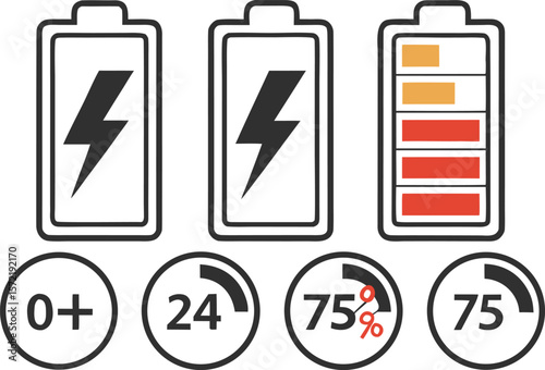 Battery level icon set. Charge status symbol with 0, 25, 50, 75 percent and charging sign. Power level indicator for app or UI. Transparent PNG and vector.voltage, battery, power, electricity, graphic