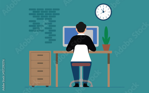 Wallpaper Mural Illustration of man working at desk with computer clock and plant for remote work concept art image Torontodigital.ca