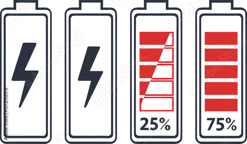 Battery level icon set. Charge status symbol with 0, 25, 50, 75 percent and charging sign. Power level indicator for app or UI. Transparent PNG and vector.voltage, battery, power, electricity, graphic