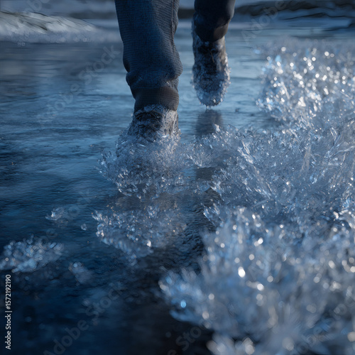 crystal clear photoreal rendering of water instantly freezing under a human's footstep, with intricate icy designs