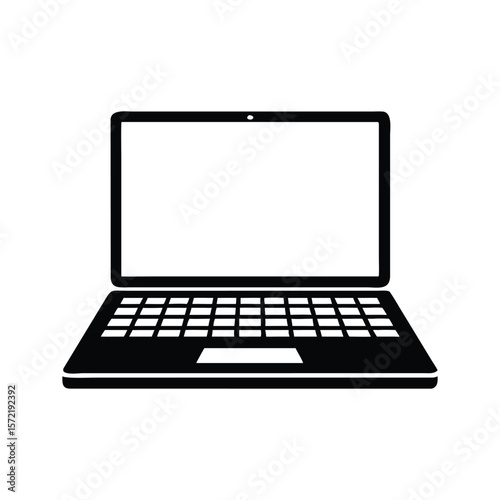 Modern portable computer with blank screen isolated on white background simple flat black minimalist silhouette vector icon design illustration of an open laptop vector art