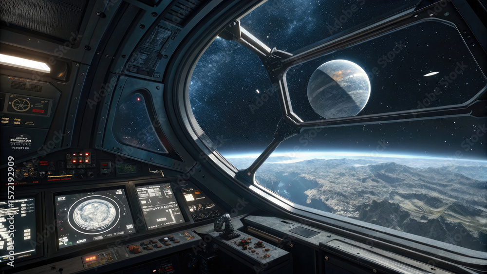 Obraz premium Sci-Fi Interior with Circular Window and Starry Sky