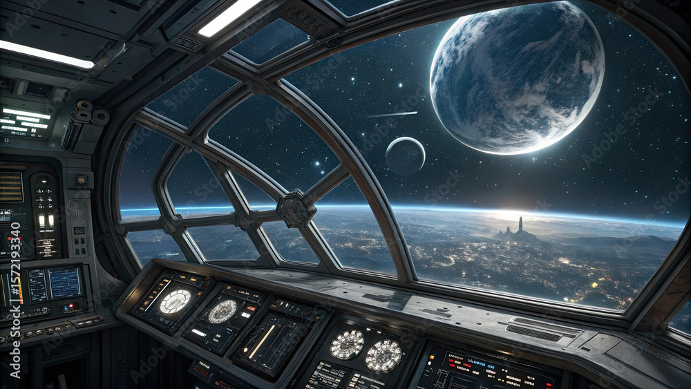 Obraz premium Space Station Cockpit with Planet View