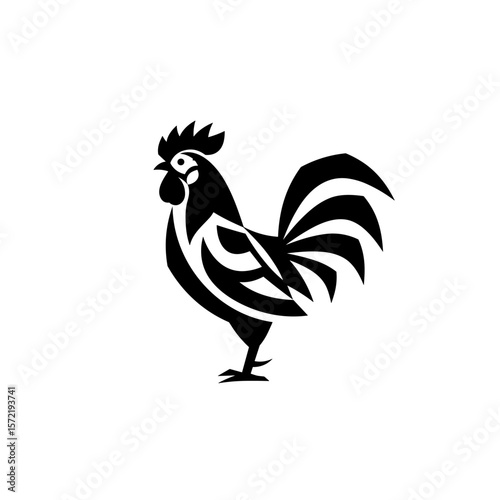A stylized rooster with bold geometric lines and detailed feathers, illustrated in black-and-white for a modern, striking look.