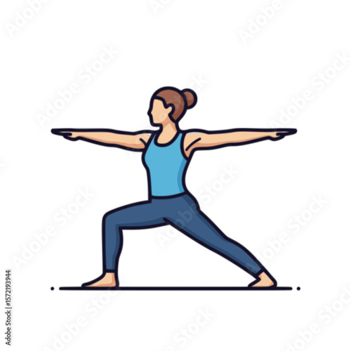 Woman practicing warrior II yoga pose, a balanced and strengthening asana.